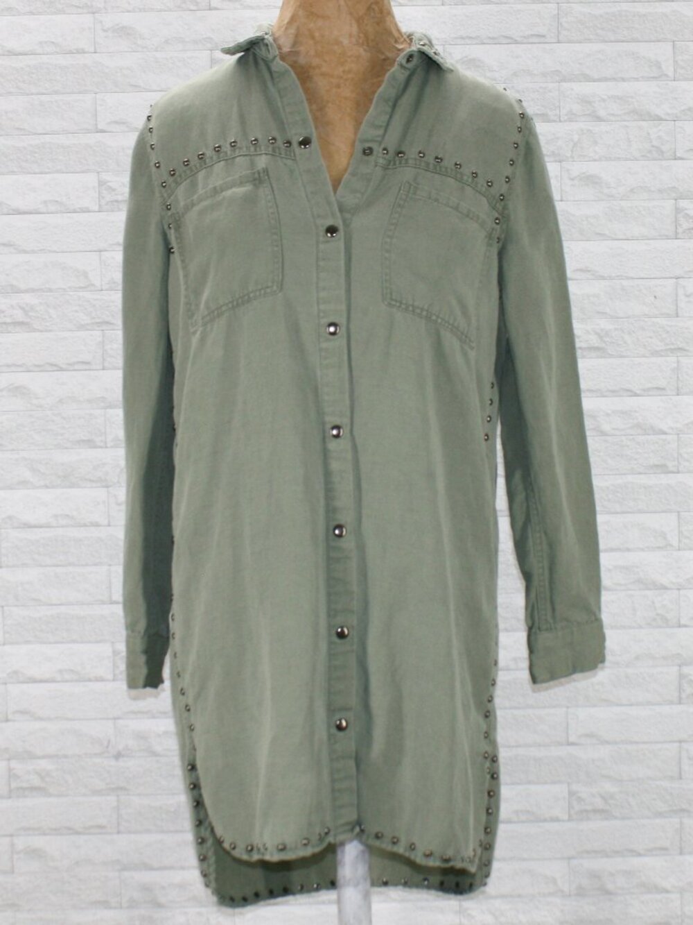RAILS Bowie Shirtdress Studded Linen Blend Long Sleeve Oversized Olive Small